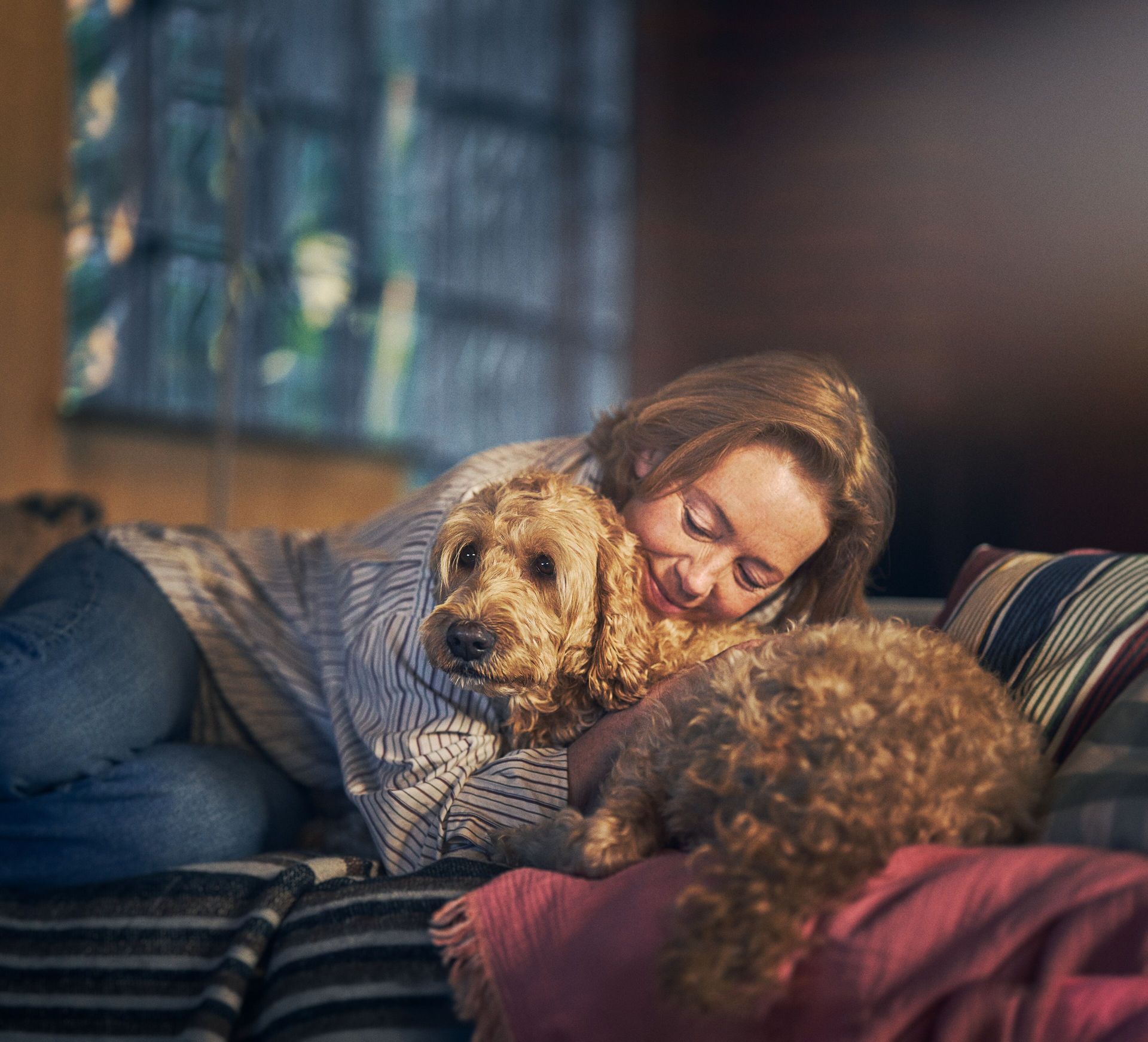 Hund ligger og putter med sin ejer